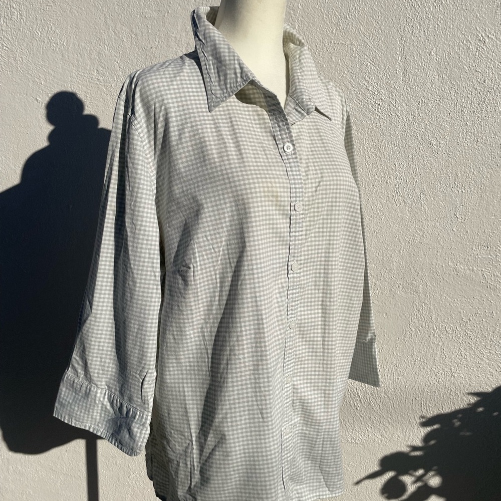 VTG Women Cherokee Green White Gingham Button Up Blouse 18W Cottagecore Stretch